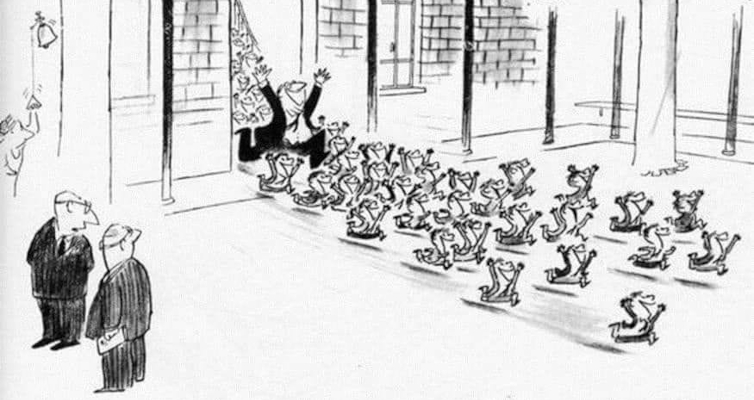 Dessin de Sempé : des enfants sortent de l'école en courant et en souriant, un professeur les suit en faisant de même